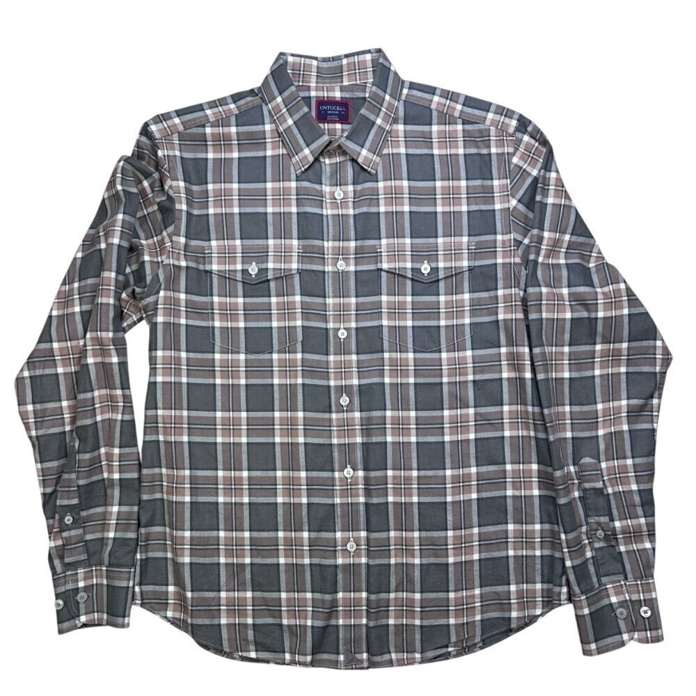 UNTUCKit Medium Men Cotton Plaid Shirt Tan Soft Work Outdoors